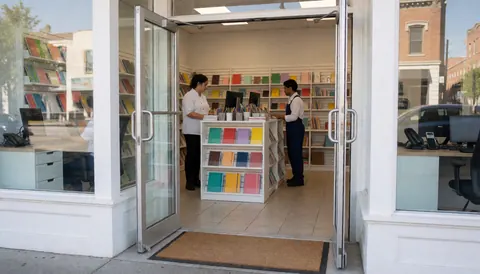 Entrée d'une papeterie avec deux personnes, des carnets colorés sur une étagère et un tapis de bienvenue.