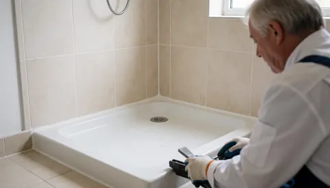 Un professionnel applique du silicone avec un outil sur une douche en fibre blanche aux murs en céramique beige, dans une scène propre et ordonnée.