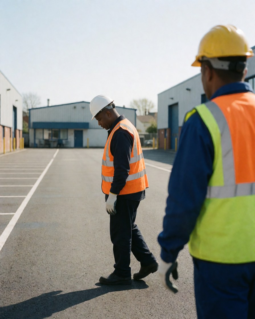 Deux travailleurs en casques et gilets inspectent un parking industriel propre et ordonné avec des lignes blanches sous un ciel dégagé.