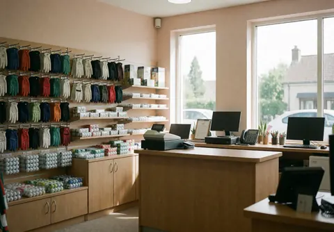 Intérieur d'un magasin de golf avec des gants et des balles disposés sur des étagères en bois, éclairage naturel et comptoir visible.