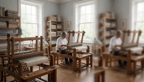 Une personne utilise un métier à tisser en bois dans un atelier. Des tissus terminés sont rangés sur des étagères. La lumière naturelle entre par les fenêtres. Ambiance calme et artisanale.