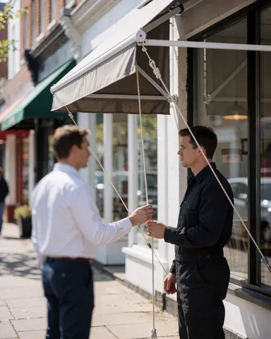 Un client et un professionnel ajustent la corde d'un store fraîchement installé sur une façade commerciale en plein soleil.