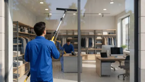 Un employé en uniforme bleu utilise un siphon pour nettoyer la vitrine d'un magasin de vêtements, avec des reflets lumineux et des vêtements visibles sur les étagères.