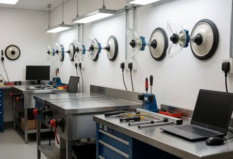 Un atelier de fabrication de fenêtres équipé de tables de coupe en acier inoxydable, d'outils de précision, de ventouses murales et d'un éclairage LED intense.