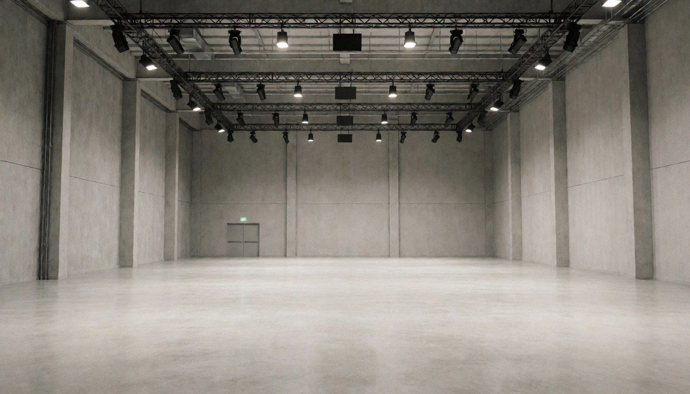 Salle d'événements vide avec murs en béton, plafonds à structures métalliques et éclairage professionnel, idéal pour événements et présentations.