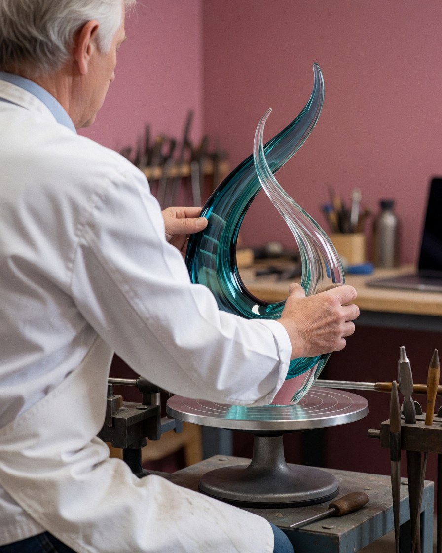 Un artisan verrier ajuste une sculpture en verre sur un tour rotatif dans son atelier aux murs roses avec des outils visibles.