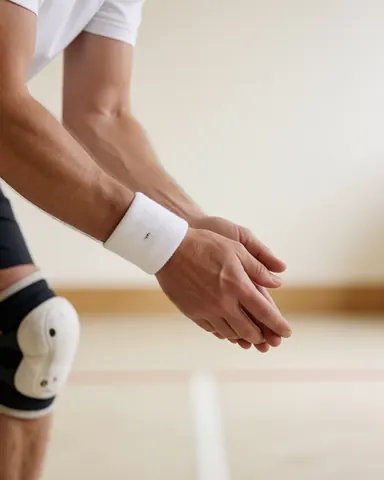 Mains d'un joueur de volley-ball formant une plateforme pour un coup, avec genouillère et protège-poignet blancs, dans un gymnase intérieur au sol clair.