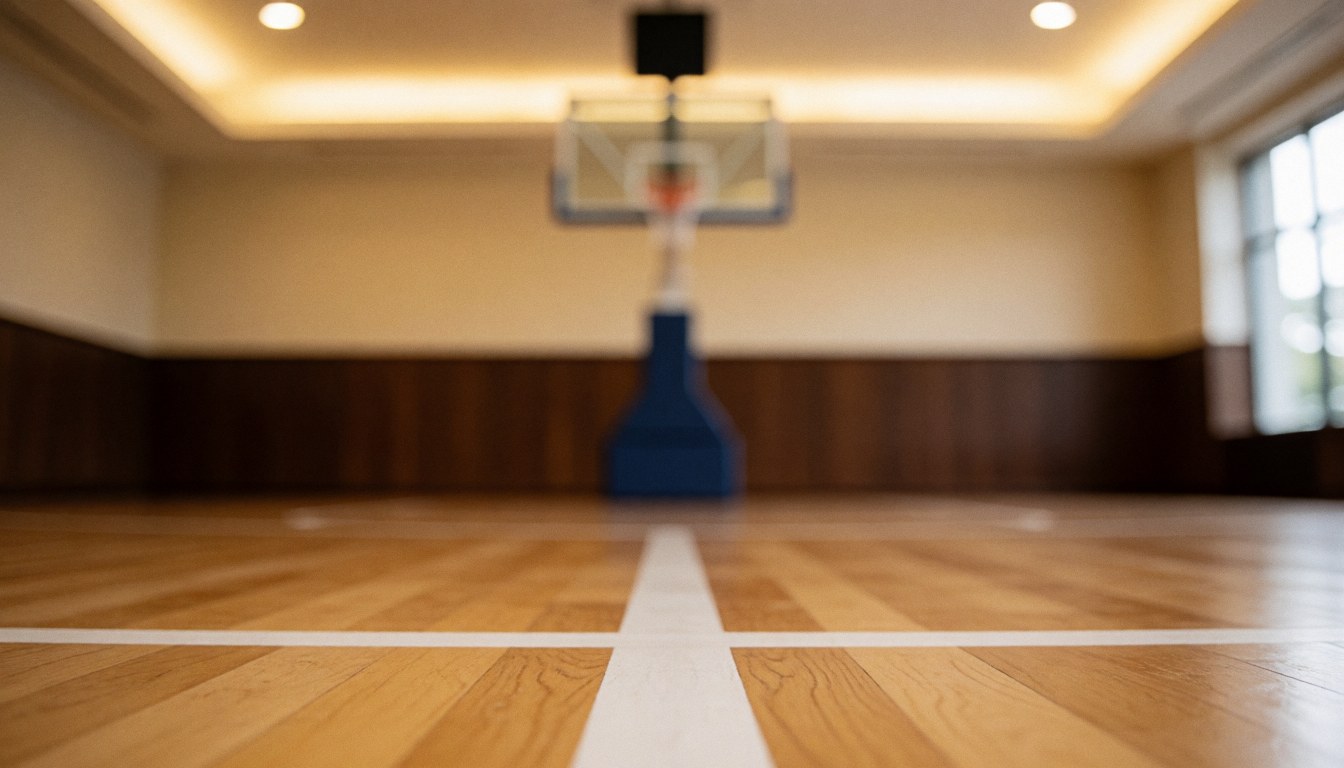 Terrain de basket avec ligne blanche nette, panier flou, murs avec moulures et éclairage chaud, idéal pour fond de texte.