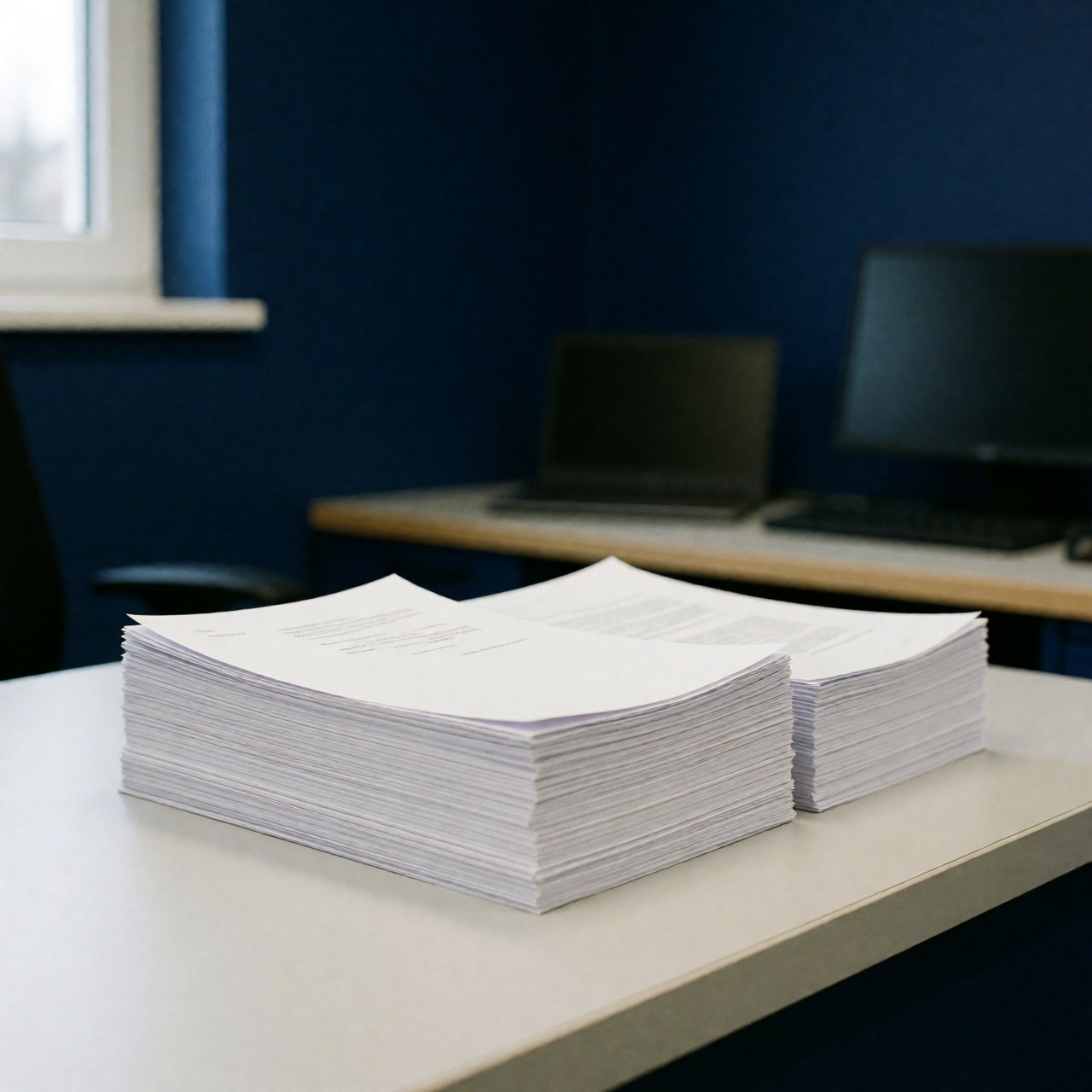 Deux piles de documents fraîchement copiés reposent sur un bureau blanc dans un bureau avec des murs bleus et un ordinateur en arrière-plan.