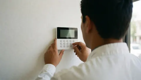Vue de dos d'un technicien programmant un panneau d'alarme fixé sur un mur blanc, mains visibles, éclairage naturel et fond doux.