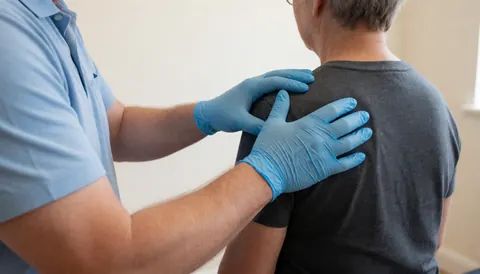Un thérapeute portant des gants bleus effectue un massage sur l'épaule d'un client dans une pièce aux murs blancs.