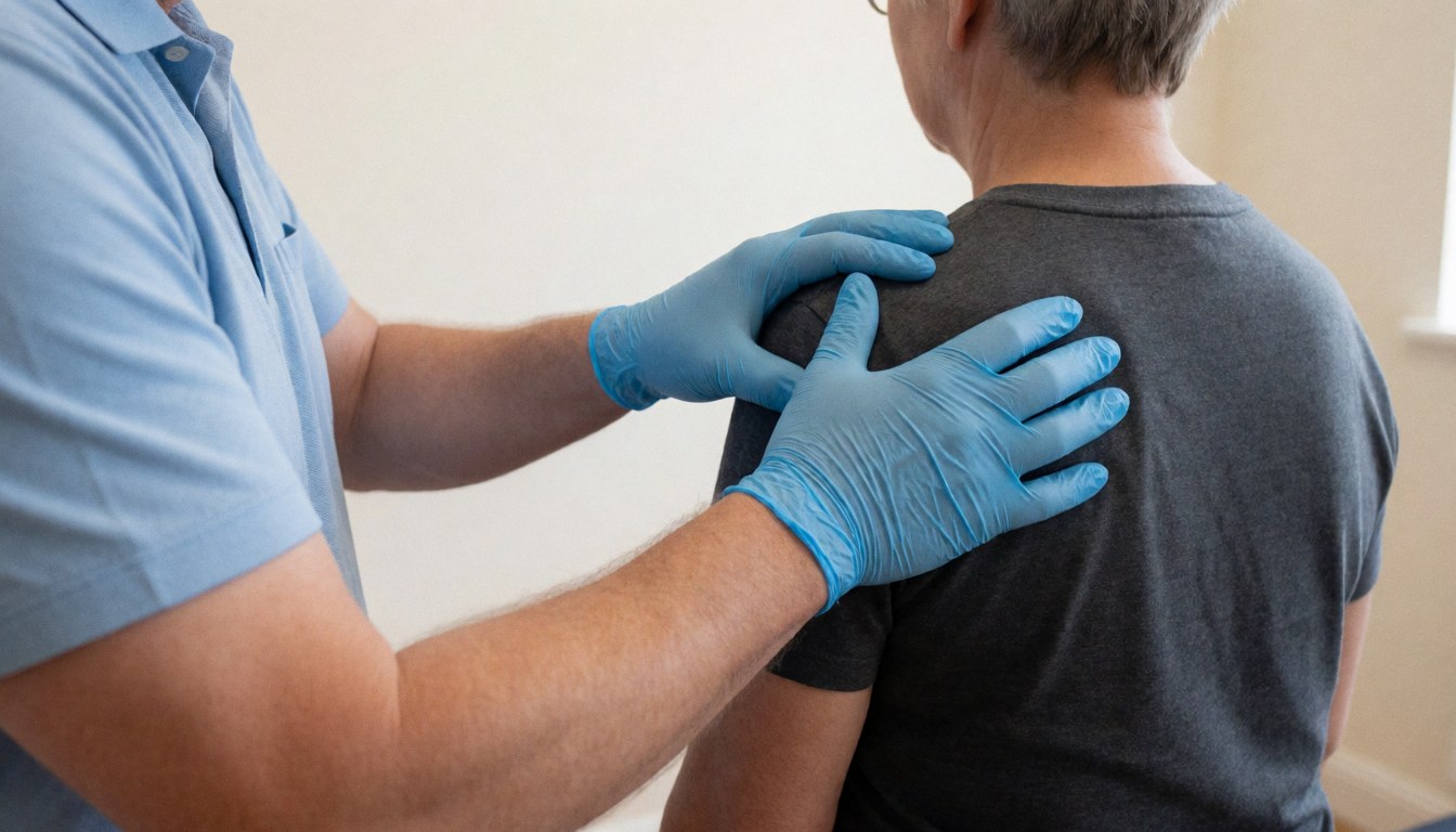 Un thérapeute portant des gants bleus effectue un massage sur l'épaule d'un client dans une pièce aux murs blancs.