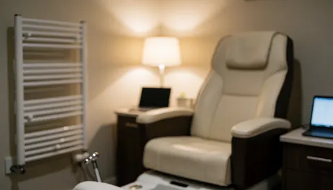 Arrière-plan apaisant d'un salon de pédicure avec un fauteuil blanc, un porte-serviettes et une lumière chaleureuse, idéal pour les textes sur les soins des pieds.