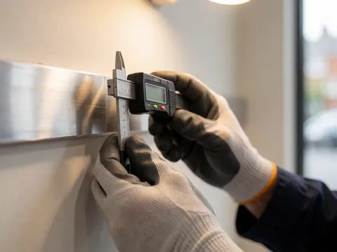 Des mains portant des gants de protection utilisent un instrument numérique pour mesurer un angle sur du métal, avec une lumière chaude et un fond flou.