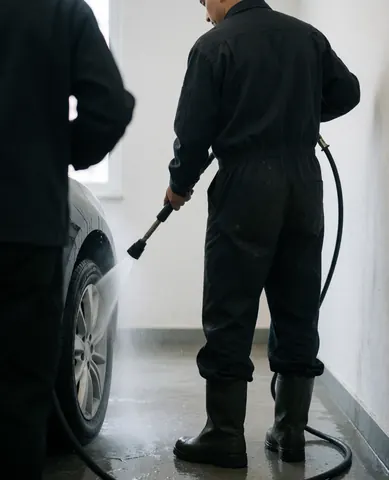 Mécanicien en tenue de travail utilisant un tuyau haute pression pour nettoyer une roue de voiture dans un atelier au sol mouillé et aux murs blancs