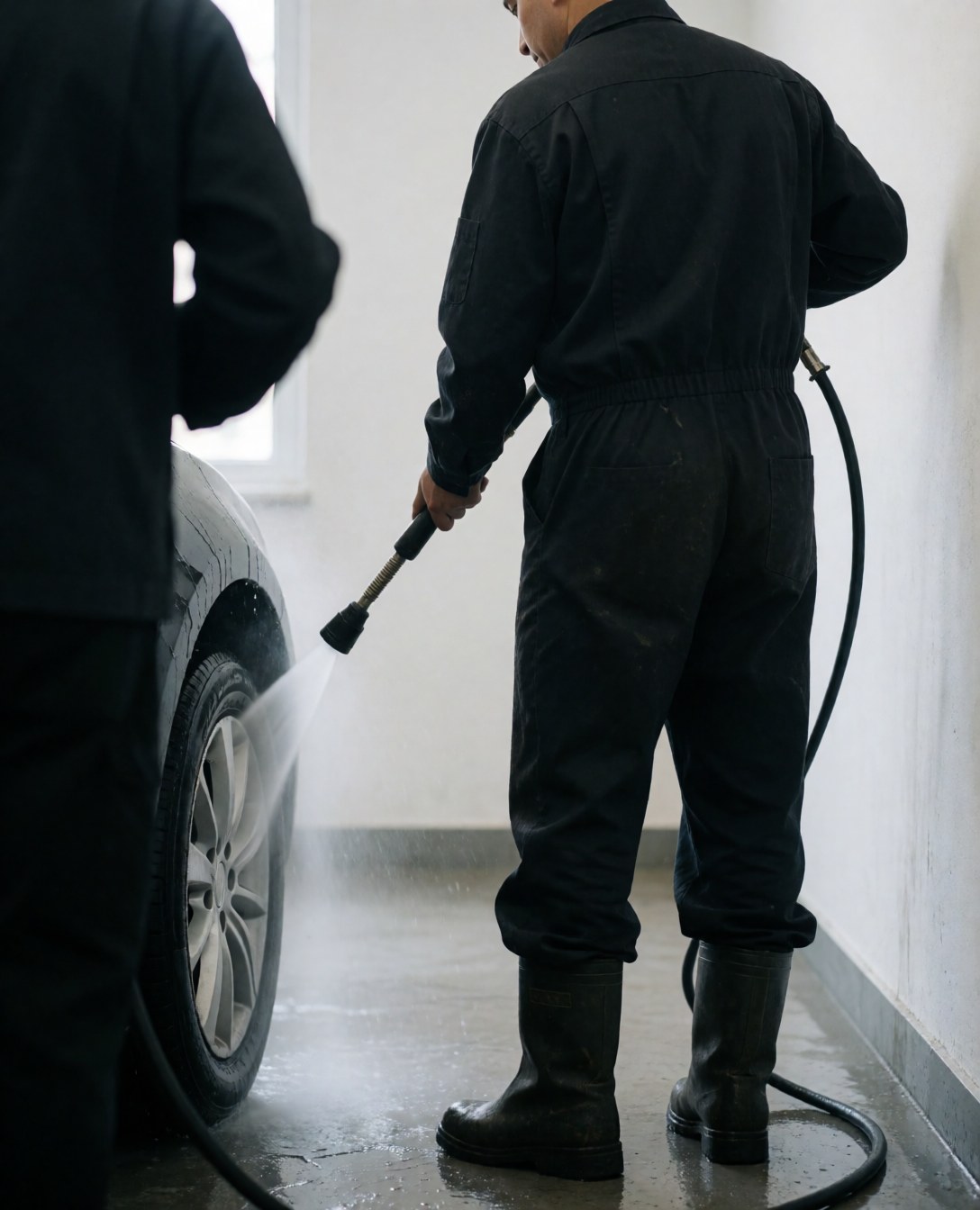Mécanicien en tenue de travail utilisant un tuyau haute pression pour nettoyer une roue de voiture dans un atelier au sol mouillé et aux murs blancs