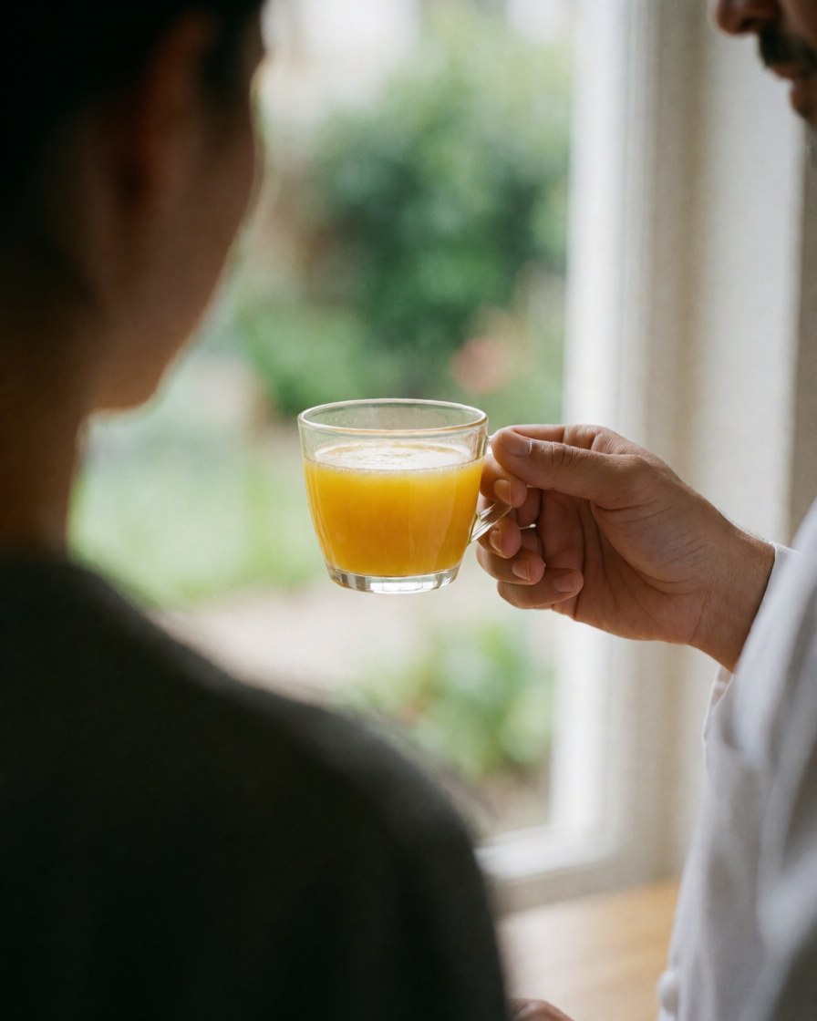 Un client reçoit un verre de jus d'orange dans une maison d'hôtes, avec une lumière naturelle et une vue sur le jardin.