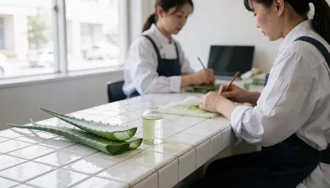 Deux feuilles d'aloe vera coupées et un flacon de gel posés sur une table à carreaux blancs, avec deux personnes travaillant en arrière-plan.