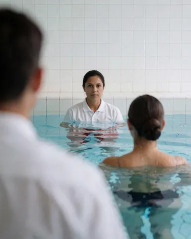 Un surveillant de piscine en action, vigilant un client dans une piscine publique aux murs blancs et à l'eau claire.