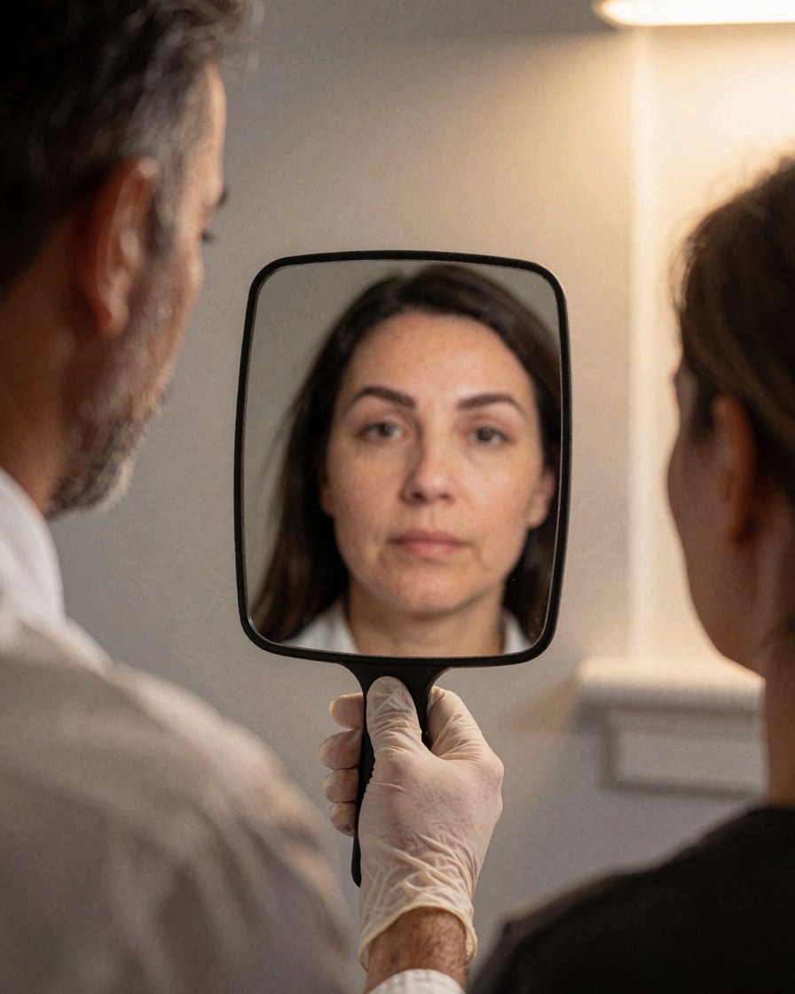 Un technicien en gants de latex tient un miroir à main pour montrer le résultat du microblading à une cliente dans un salon.