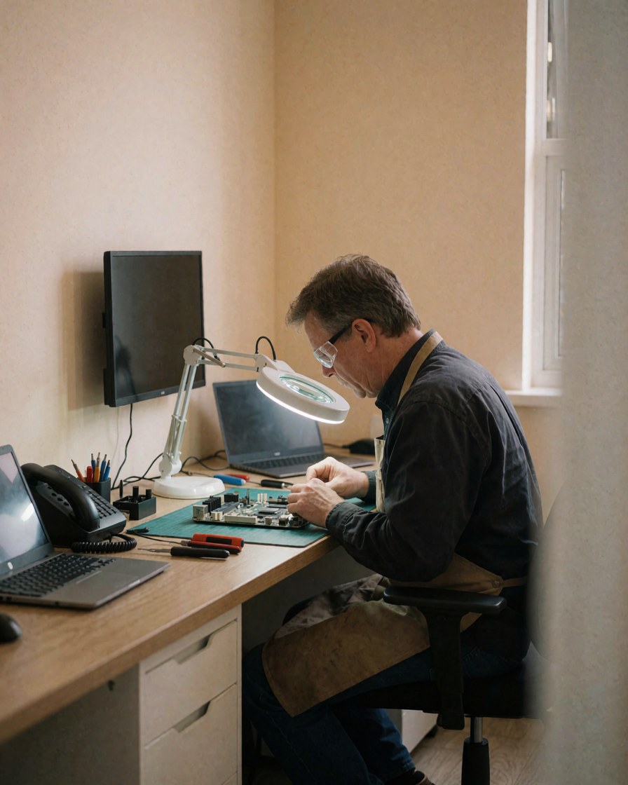 Un technicien portant des lunettes et un tablier répare une carte mère sous une loupe dans un bureau de réparation d'ordinateurs.