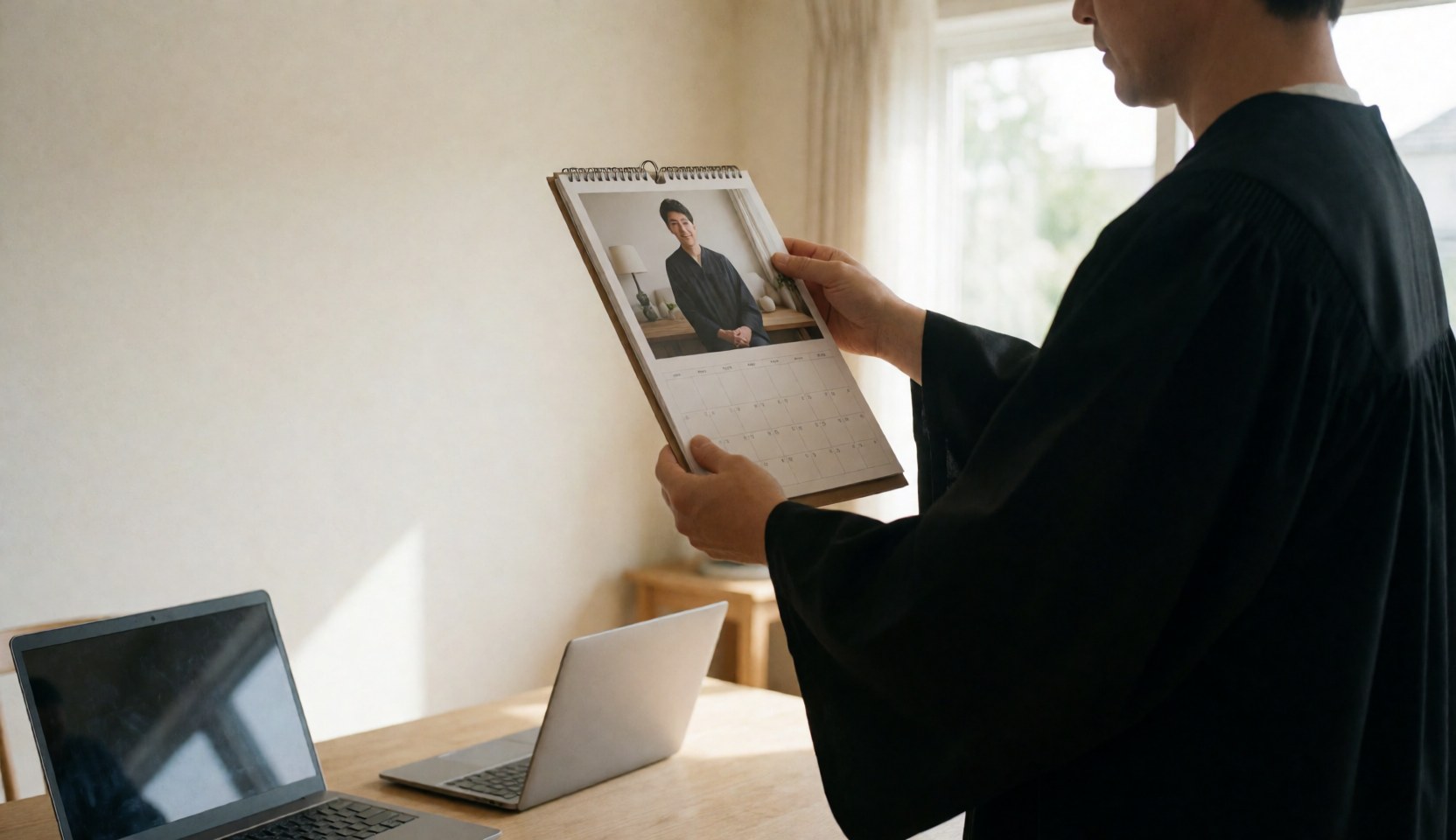 Un diplômé en toge tient un calendrier ouvert affichant sa photo, dans une pièce éclairée par la lumière naturelle avec des ordinateurs sur une table.