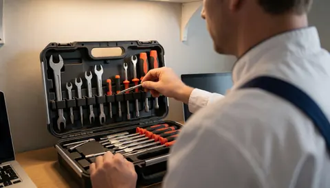Un technicien choisit un outil dans un atelier professionnel avec des murs gris et un ordinateur portable, dans un environnement de travail propre et organisé.