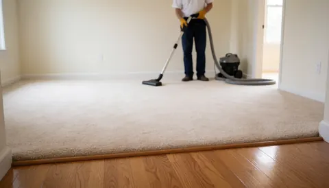 Un agent de nettoyage professionnel utilise un aspirateur sur une moquette beige dans un salon avec des sols en bois poli et des murs blancs.