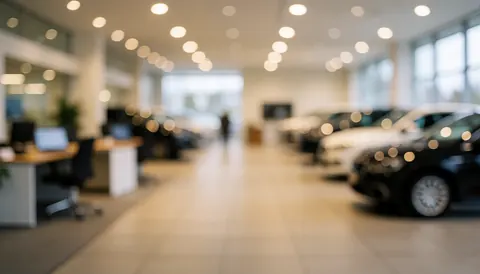 Intérieur d'une concession automobile moderne avec éclairage en bokeh, sol carrelé et véhicules alignés en arrière-plan, idéal pour ajouter du texte.