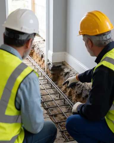 Deux maçons en casques et gilets de sécurité vérifient une grille d'acier dans une tranchée de fondation éclairée par la lumière naturelle.