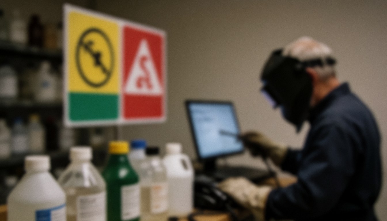 Arrière-plan flou d'une zone de stockage chimique avec des bouteilles et un panneau de danger, idéal pour des textes commerciaux.