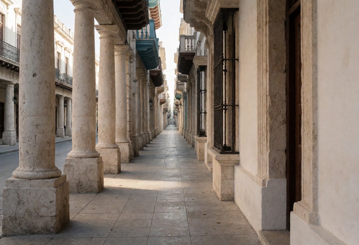Rue étroite pavée avec colonnes coloniales en pierre, architecture historique dans un centre ancien, idéale pour les vélos-taxis.