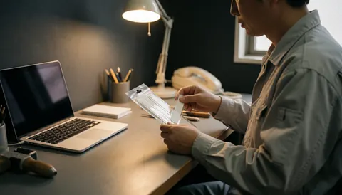 Technicien en réparation de téléphone ouvrant un paquet de bandes adhésives sur une table de travail avec une lumière chaude et des murs gris.