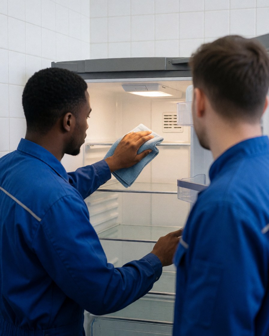 Un technicien en uniforme bleu utilise un chiffon en microfibre pour nettoyer l'intérieur d'un réfrigérateur avec des murs carrelés blancs et la lumière intérieure allumée.