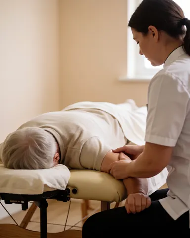 Un thérapeute effectue un relâchement myofascial sur le bras d'un client âgé allongé sur une table de massage dans un local aux murs beige.