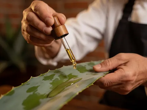 Goutte d'huile tombant sur une feuille d'agave posée sur un fond de briques, évoquant un soin de réflexologie naturelle et un moment de bien-être.