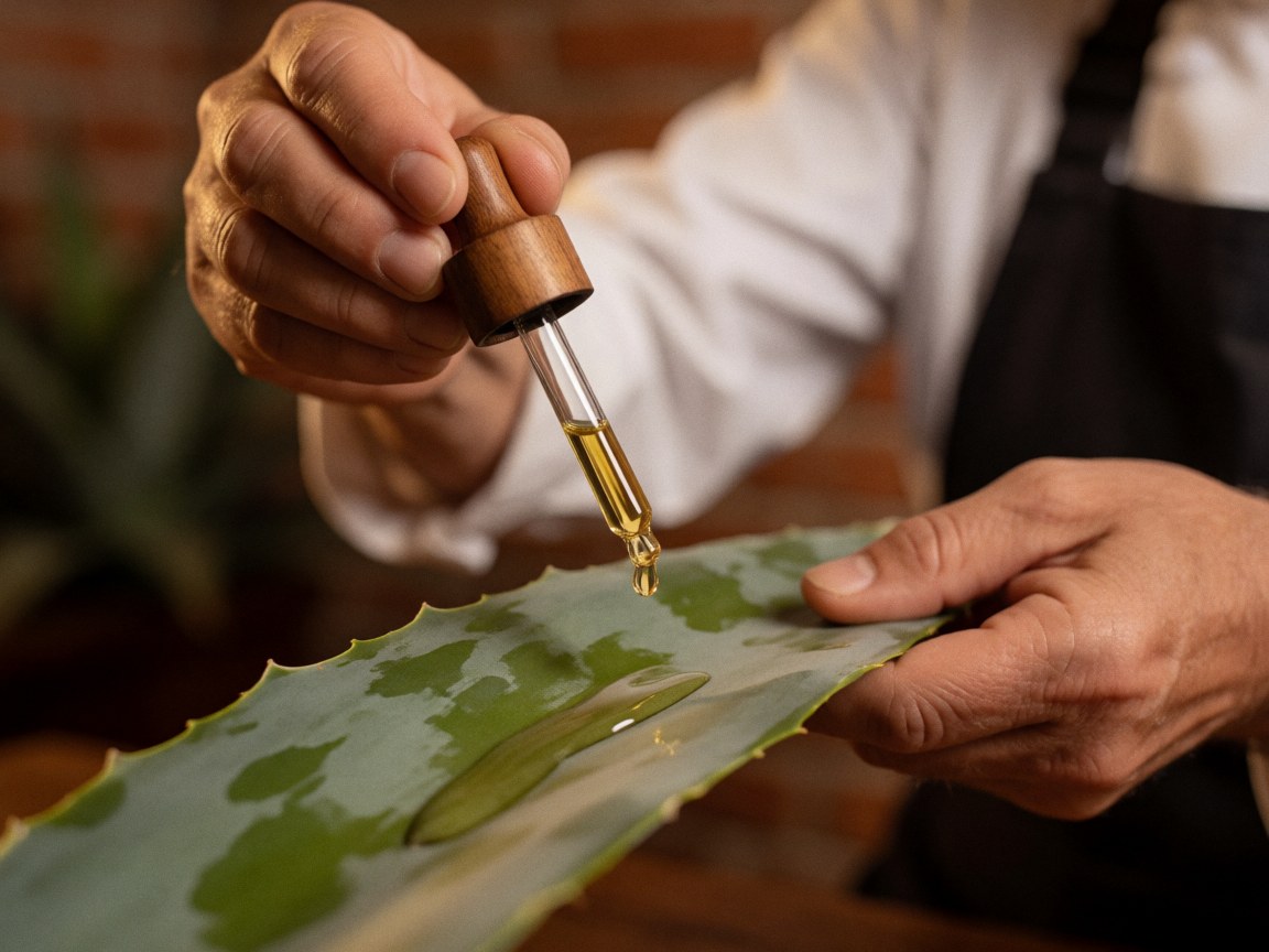 Goutte d'huile tombant sur une feuille d'agave posée sur un fond de briques, évoquant un soin de réflexologie naturelle et un moment de bien-être.
