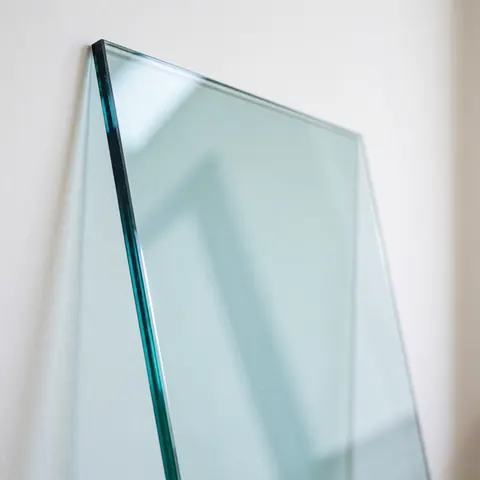 Panneau de verre trempé avec bord bleu posé contre un mur blanc, reflétant la lumière et montrant son épaisseur, idéal pour la vitrerie.