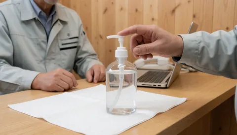 Une main actionne un distributeur de liquide désinfectant posé sur une serviette blanche, sur une table en bois clair dans un environnement de travail.
