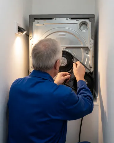 Un technicien en uniforme bleu ajuste la courroie de transmission d'une machine à laver avec le panneau arrière ouvert, éclairé par une lumière murale sur fond blanc.