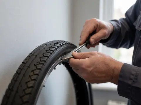Gros plan d'une main utilisant un outil pour démonter un pneu d'une roue de vélo dans un atelier de réparation.