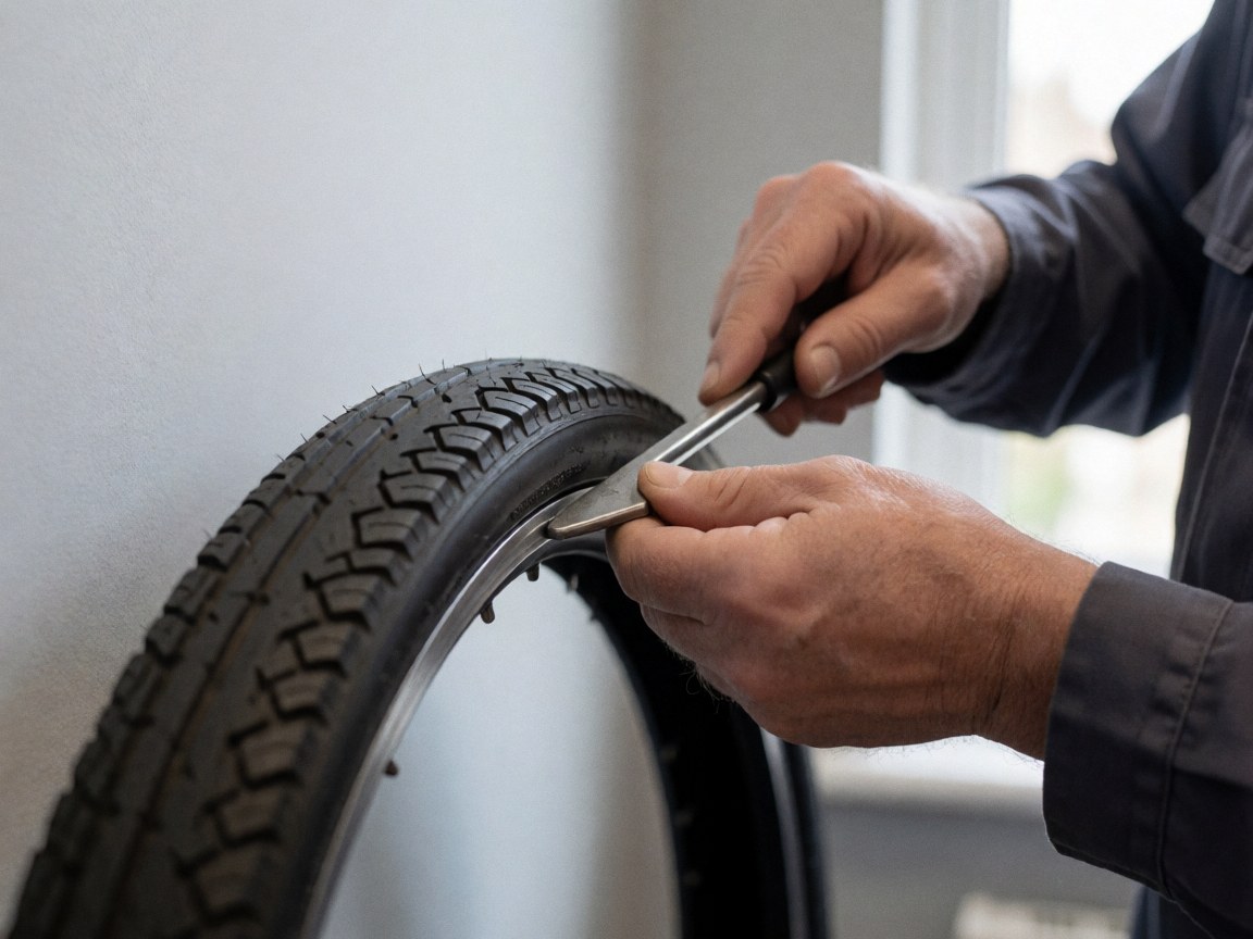Gros plan d'une main utilisant un outil pour démonter un pneu d'une roue de vélo dans un atelier de réparation.