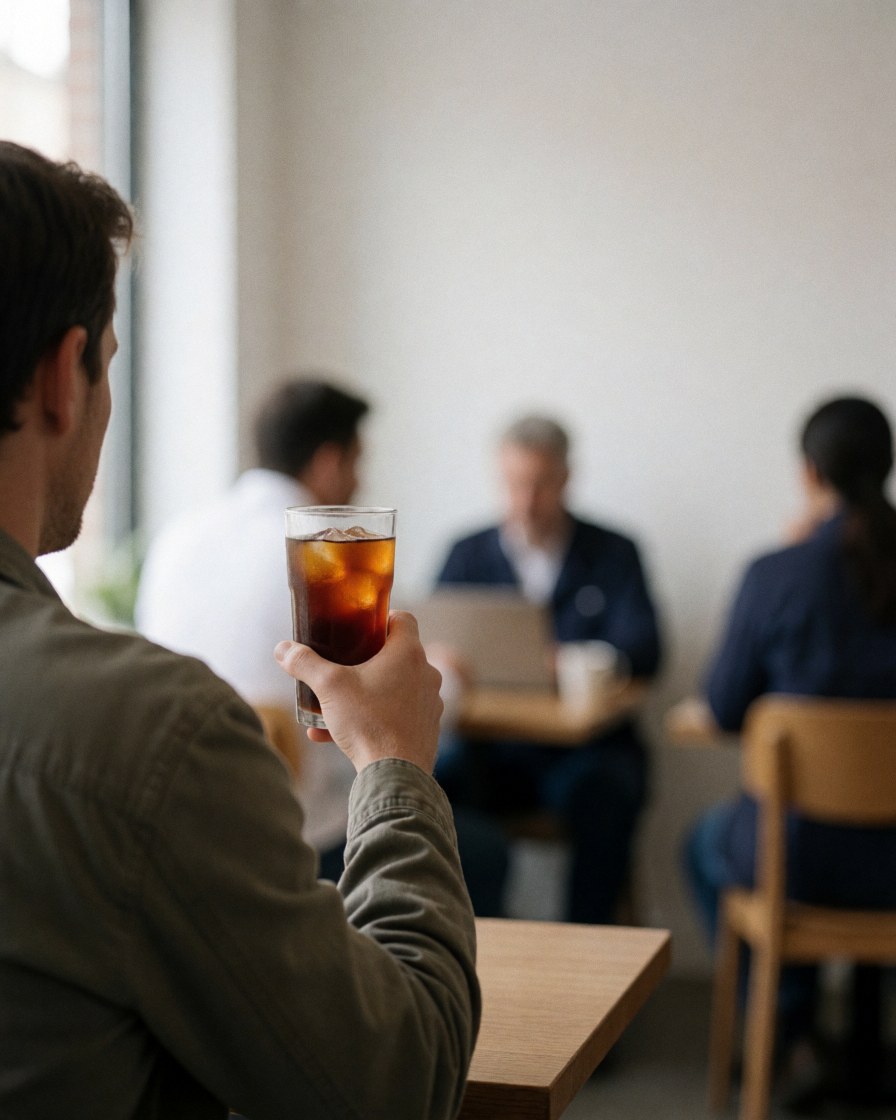 Une cliente profite d'une boisson glacée dans un café lumineux aux murs blancs et aux tables en bois.