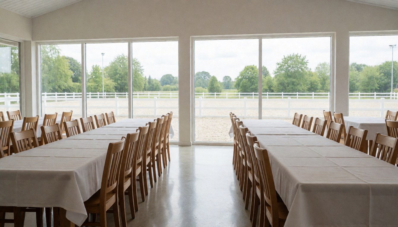 Salle de réception avec tables longues et chaises en bois, grandes fenêtres offrant une vue sur une piste équestre et une cage blanche, idéale pour un centre équestre.