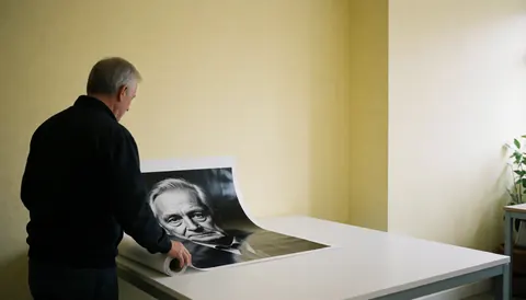 Un photographe professionnel déroule une grande affiche avec un portrait en noir et blanc sur une table blanche dans un studio aux murs jaunes.