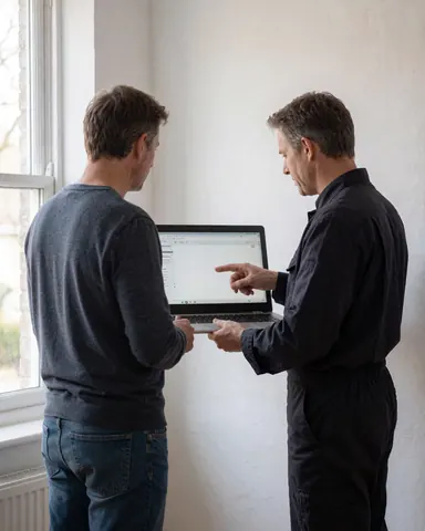 Un plombier en uniforme présente des détails de réparation sur l'écran d'un ordinateur portable à un client dans une maison aux murs blancs et à la lumière naturelle.