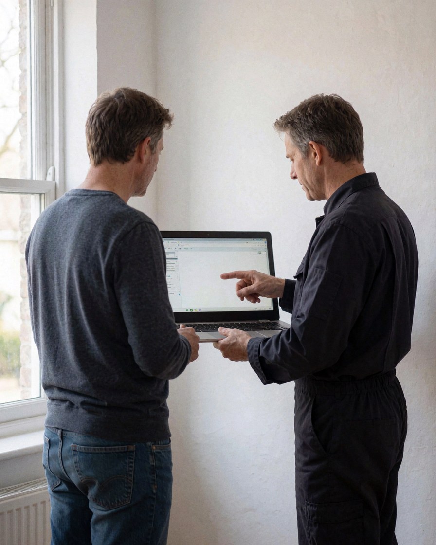 Un plombier en uniforme présente des détails de réparation sur l'écran d'un ordinateur portable à un client dans une maison aux murs blancs et à la lumière naturelle.