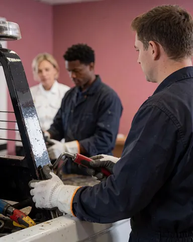 Technicien de remorquage avec des gants travaillant sur un remorqueur dans un atelier aux murs roses.
