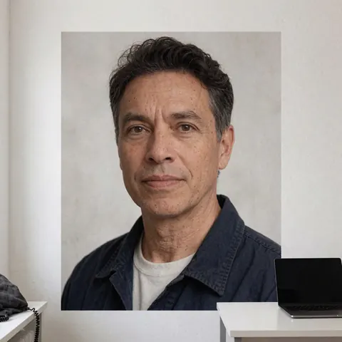Portrait imprimé d'un homme en studio avec mur blanc, ordinateur portable et vêtements décontractés, éclairage doux et professionnel.