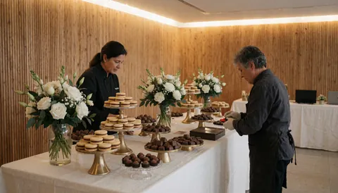 Table de desserts garnie d'alfajores, de chocolats et de fleurs blanches dans des vases sur une nappe blanche, dans un salon aux murs en bois, idéal pour un coordinateur de fêtes.